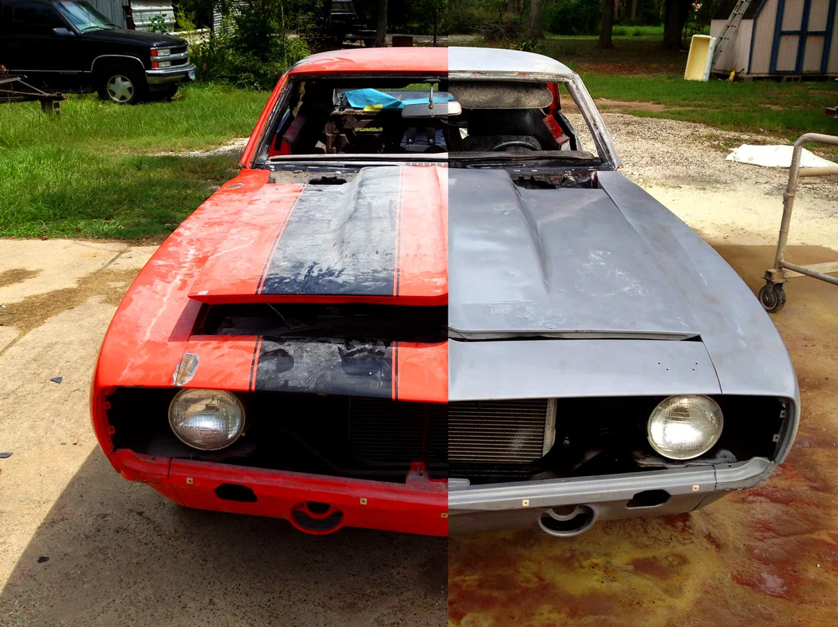 Classic car with coated and stripped sections