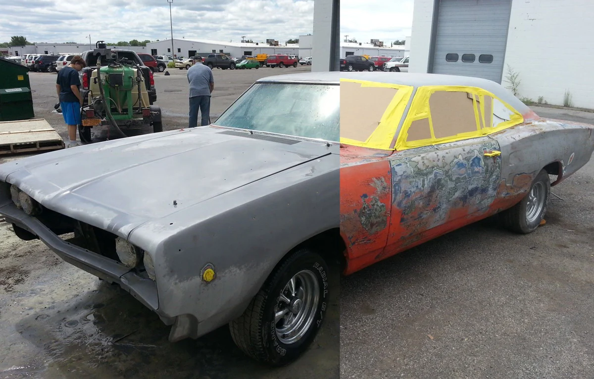 Classic car body showing preparation at different stages