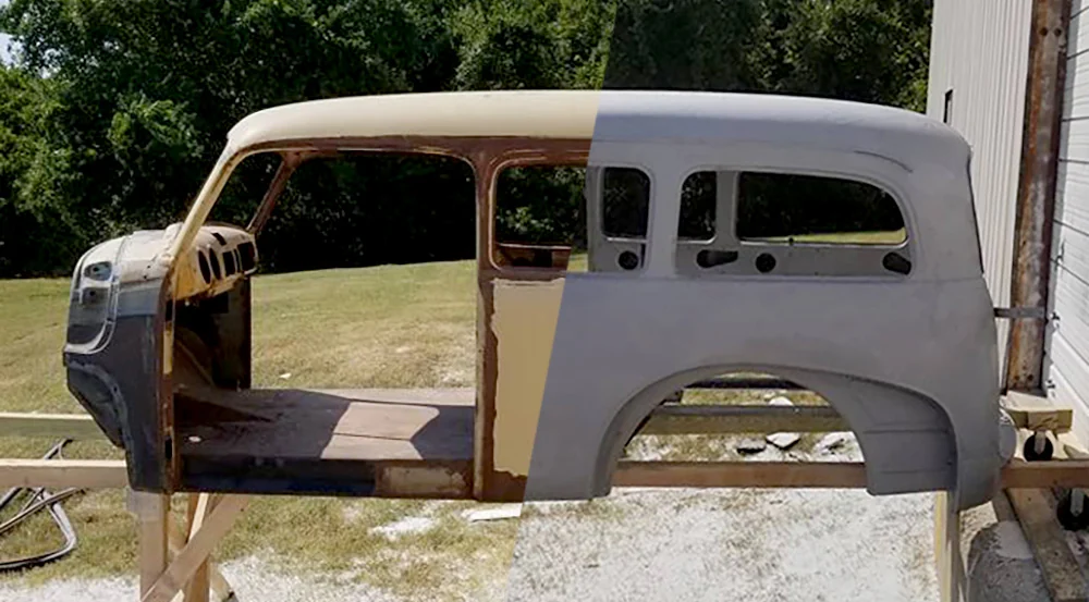 A vehicle body being prepared for restoration