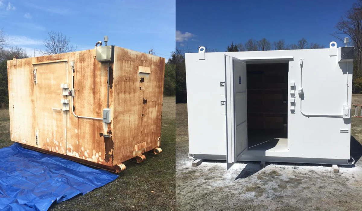 Metal enclosure before and after restoration
